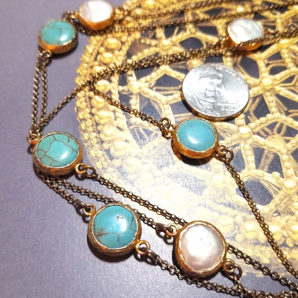 44" Gold Vermeil Turquoise & Coin Pearl Vintage Station Necklace - Picture 5 of 6